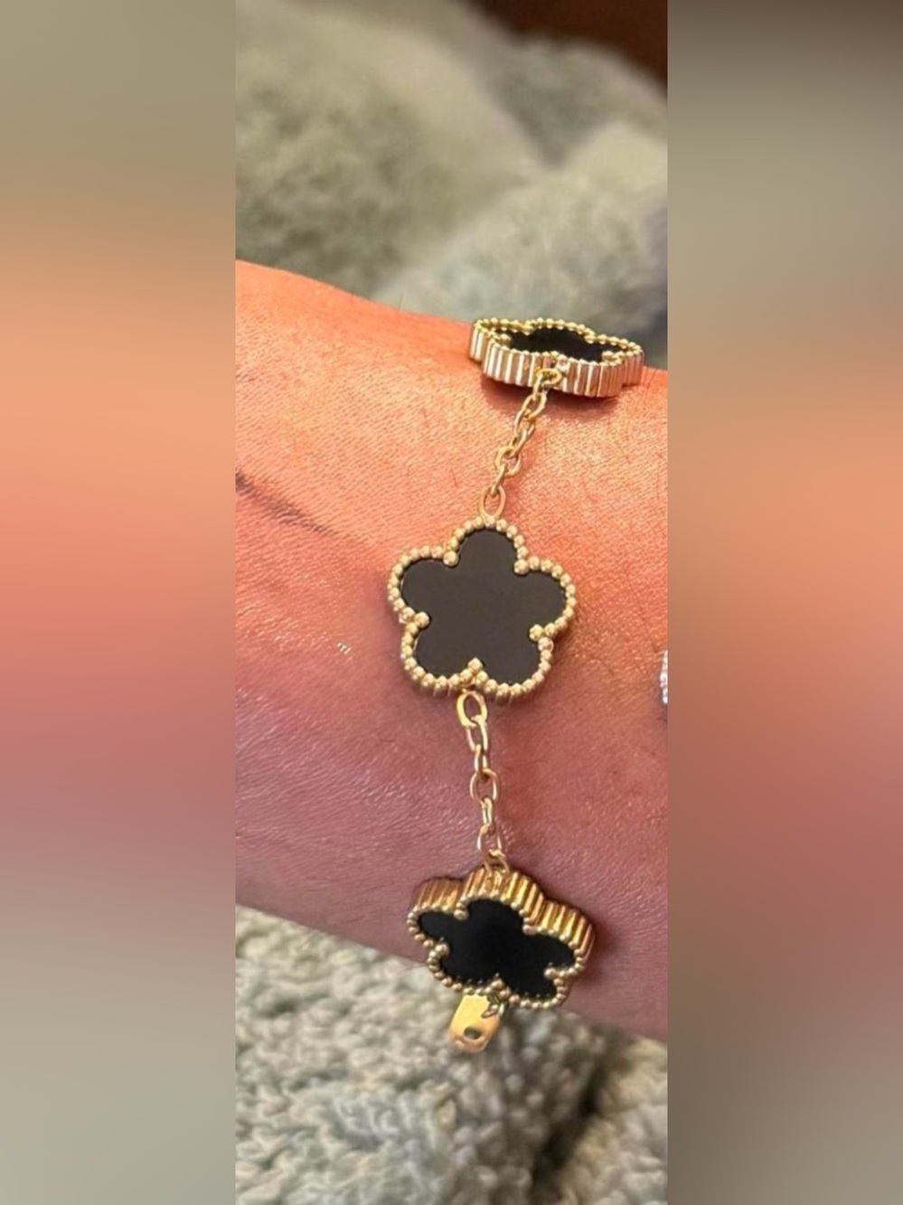 Goldtone Bracelet with Black Clover Charm - Women Jewelry - Designer Style